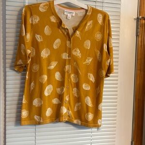 Gold Button-Up Cardigan with Shell Print